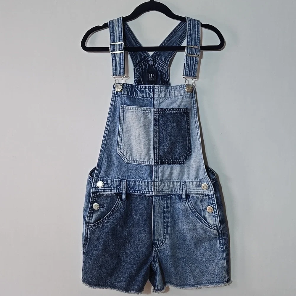 GAP Girl's Denim Shortalls Size L 10  Jean‎ Overall Shorts Patchwork Colorblock